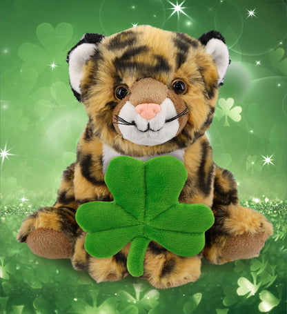 DolliBu Cute Squat Leopard Stuffed Animal with Green Plush Shamrock - 8 Inches