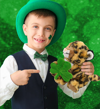 DolliBu Cute Squat Leopard Stuffed Animal with Green Plush Shamrock - 8 Inches