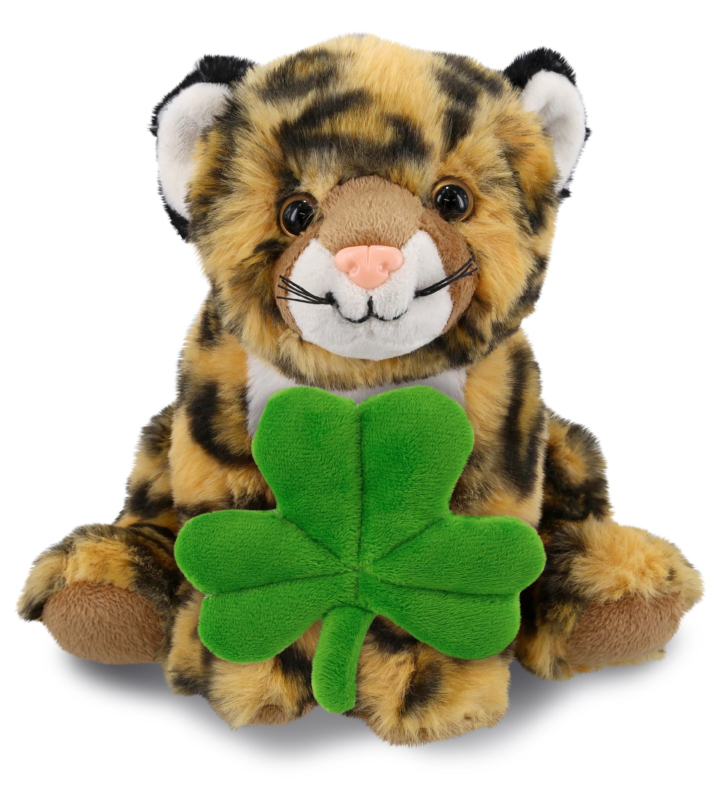 DolliBu Cute Squat Leopard Stuffed Animal with Green Plush Shamrock - 8 Inches