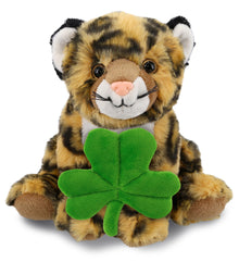DolliBu Cute Squat Leopard Stuffed Animal with Green Plush Shamrock - 8 Inches