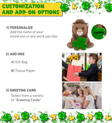 DolliBu Super Soft Squat Lion Stuffed Animal with Green Plush Shamrock - 8 Inch