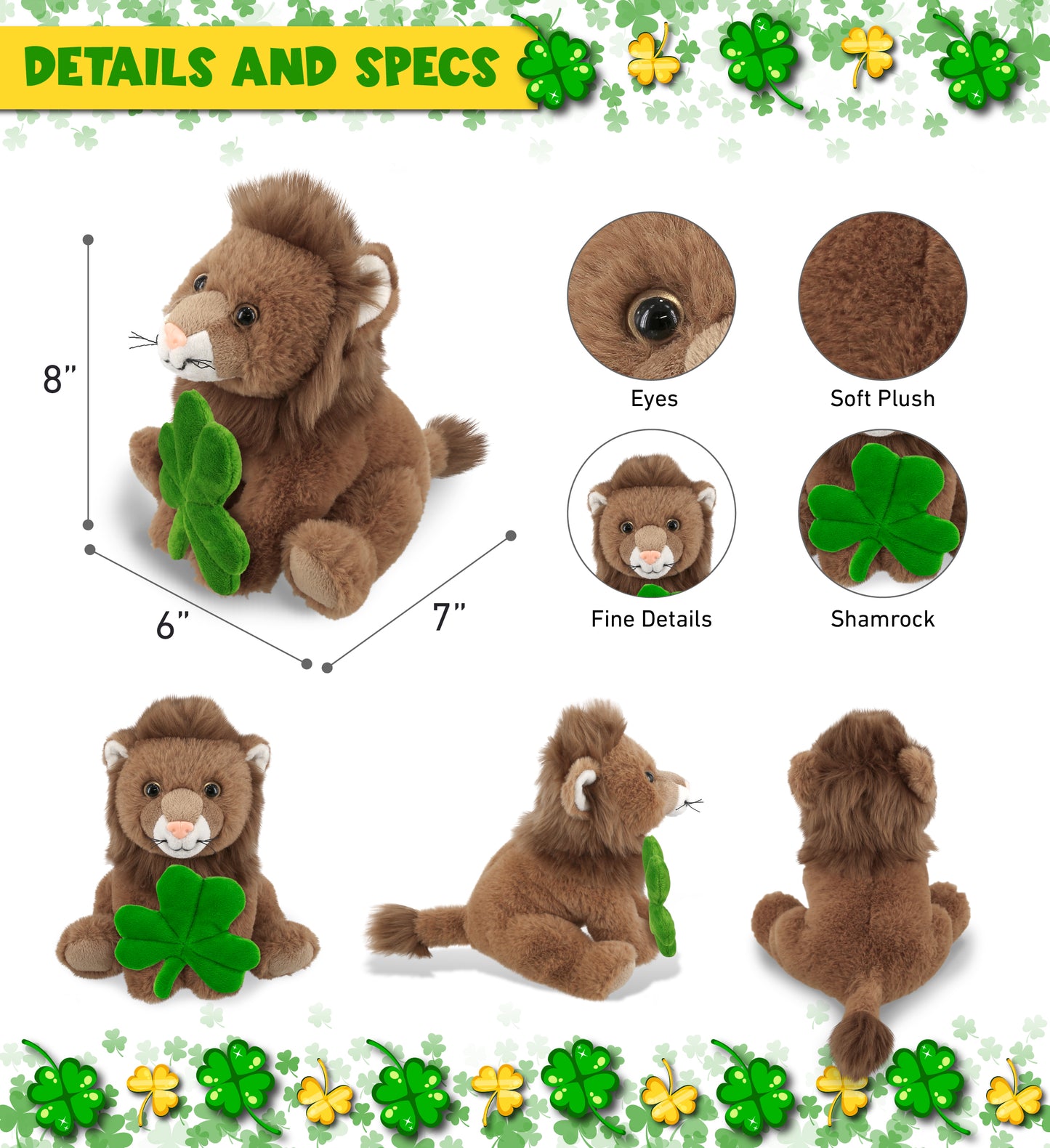DolliBu Super Soft Squat Lion Stuffed Animal with Green Plush Shamrock - 8 Inch
