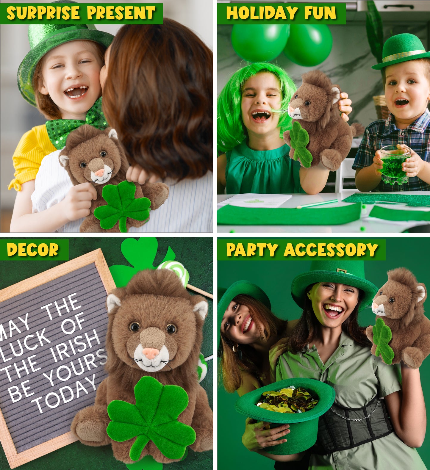 DolliBu Super Soft Squat Lion Stuffed Animal with Green Plush Shamrock - 8 Inch