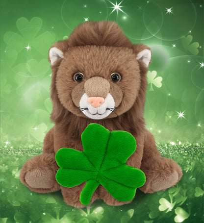 DolliBu Super Soft Squat Lion Stuffed Animal with Green Plush Shamrock - 8 Inch