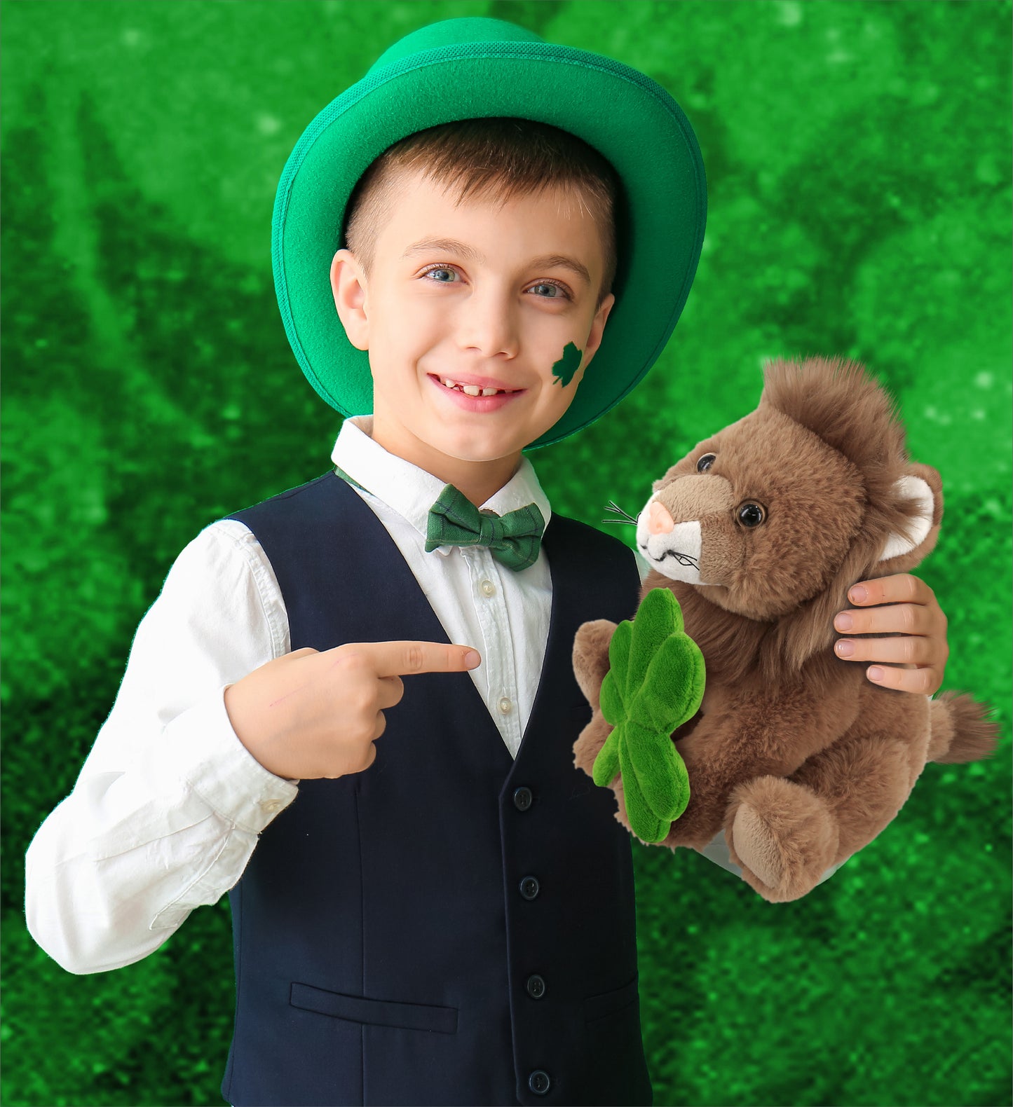 DolliBu Super Soft Squat Lion Stuffed Animal with Green Plush Shamrock - 8 Inch