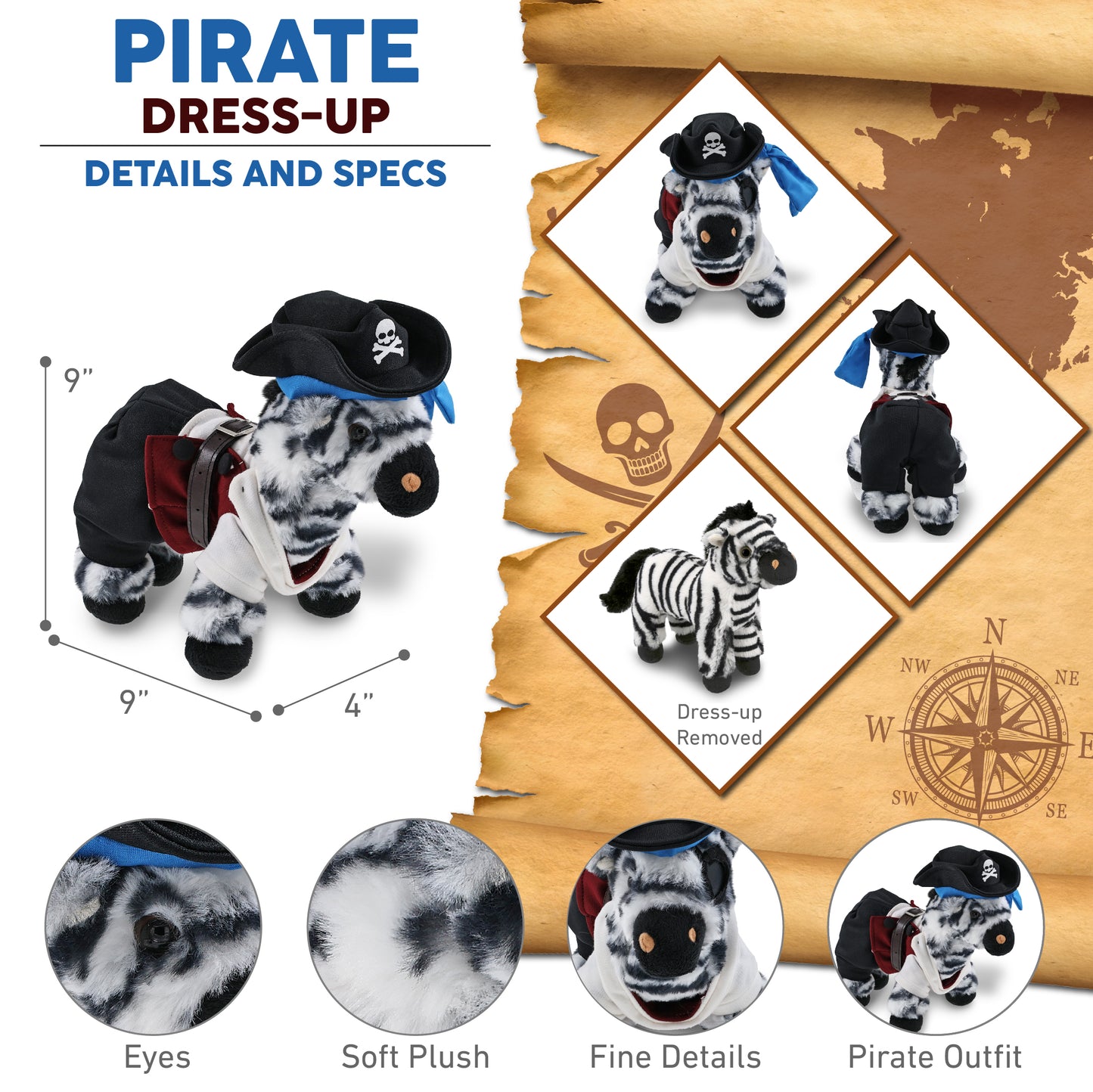 SUPER-SOFT PLUSH - ZEBRA 9" PIRATE DRESS UP