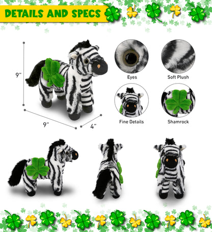 DolliBu Super Soft Zebra Stuffed Animal with Green Plush Shamrock - 9 Inches