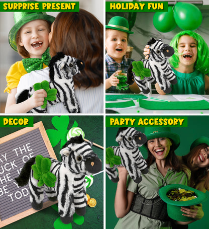 DolliBu Super Soft Zebra Stuffed Animal with Green Plush Shamrock - 9 Inches