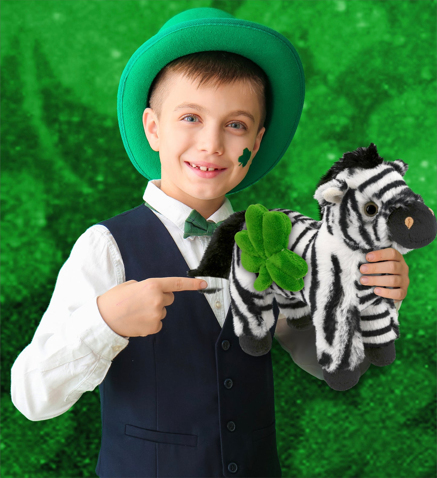 DolliBu Super Soft Zebra Stuffed Animal with Green Plush Shamrock - 9 Inches