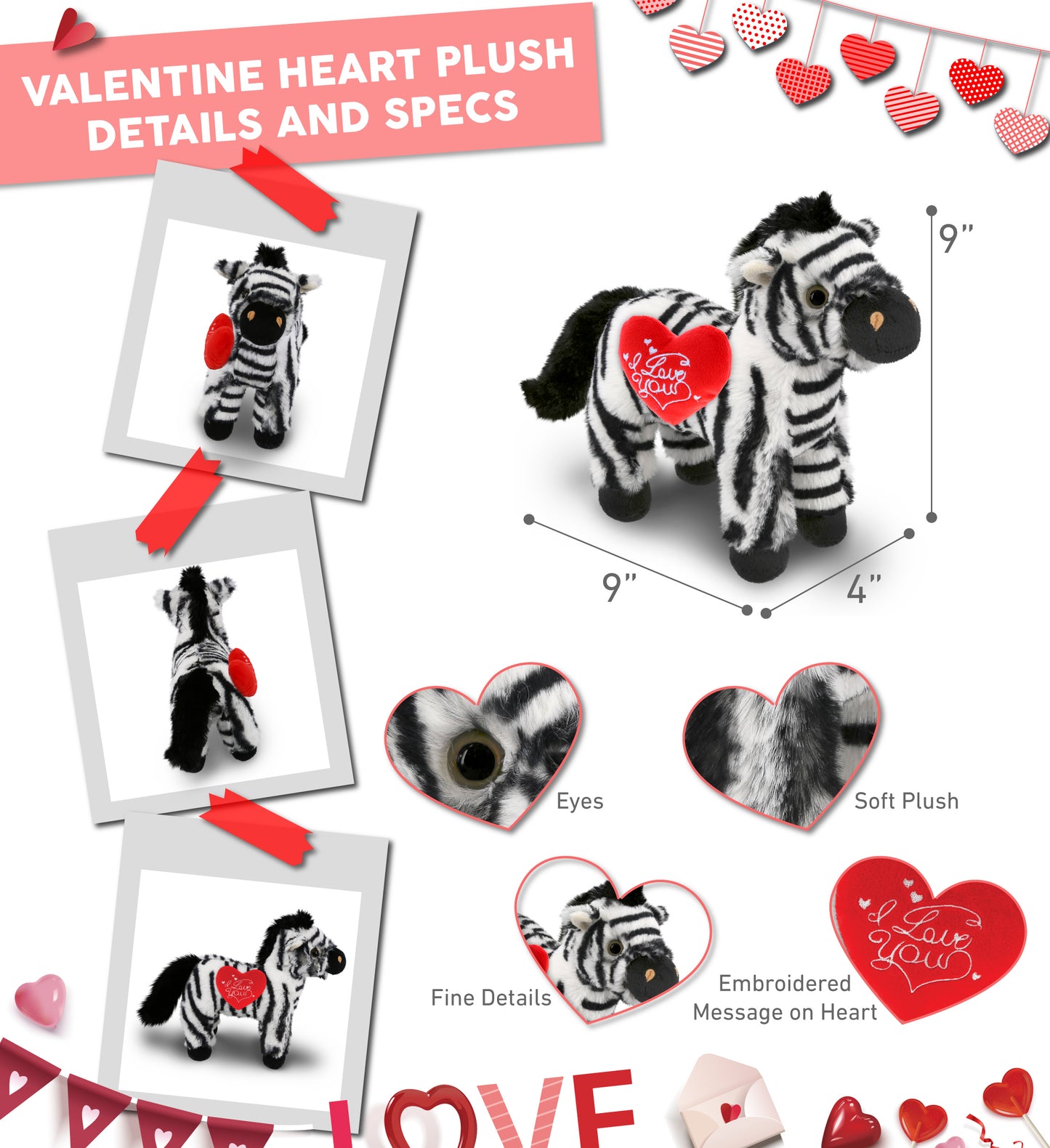 PLUSH I LOVE YOU RED HEART - SUPER-SOFT PLUSH - ZEBRA 9"