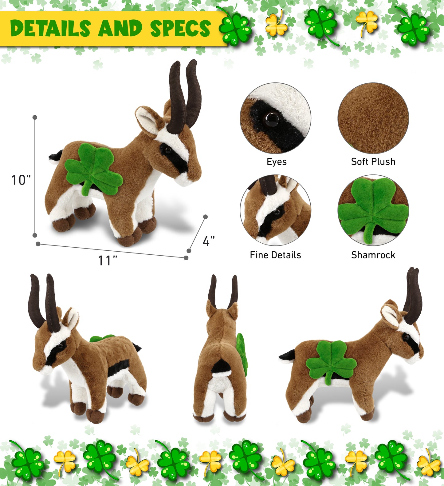 DolliBu Super Soft Antelope Stuffed Animal with Green Plush Shamrock - 11 Inch