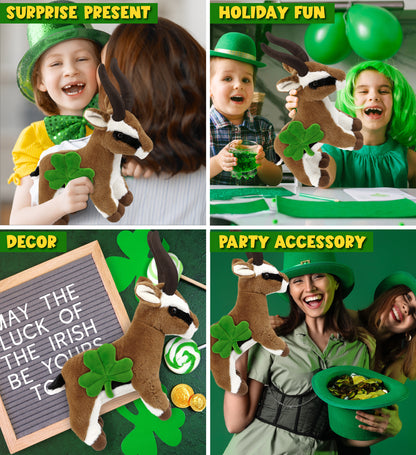 DolliBu Super Soft Antelope Stuffed Animal with Green Plush Shamrock - 11 Inch