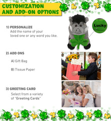 DolliBu Soft Grey Boar Stuffed Animal with Green Plush Shamrock - 7.5 Inches