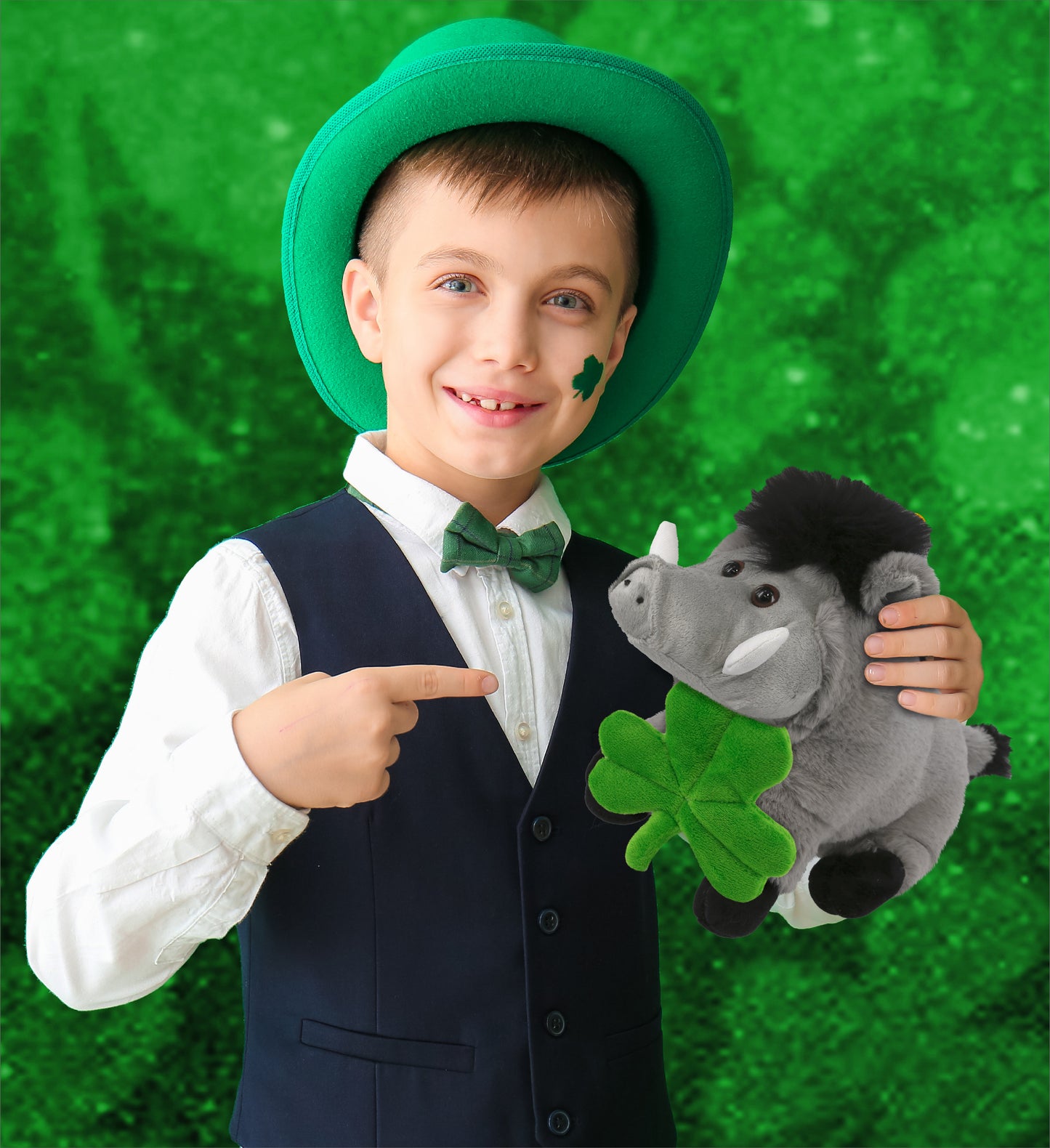 DolliBu Soft Grey Boar Stuffed Animal with Green Plush Shamrock - 7.5 Inches