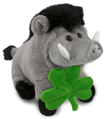 DolliBu Soft Grey Boar Stuffed Animal with Green Plush Shamrock - 7.5 Inches