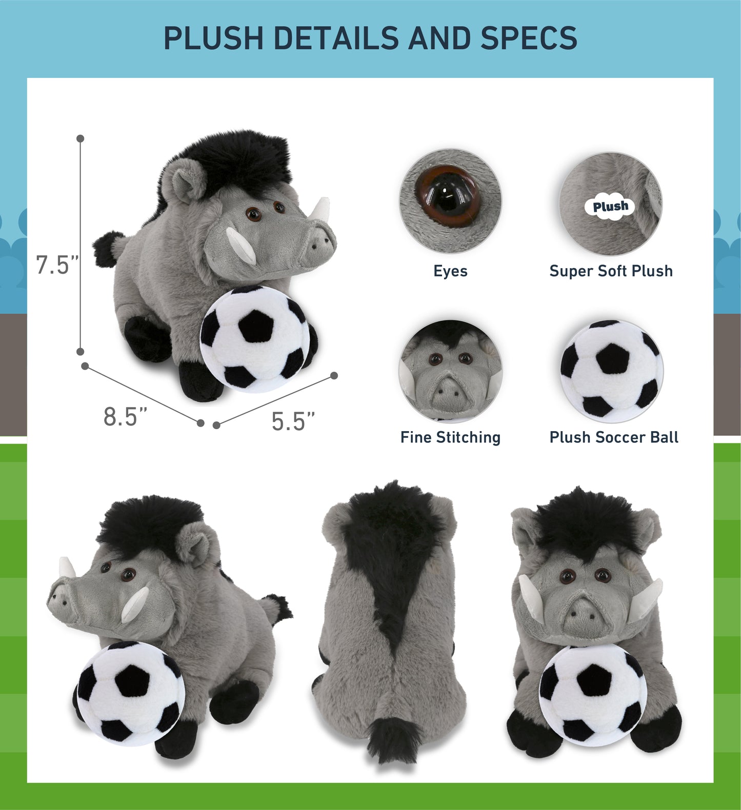 SUPER-SOFT PLUSH - GREY BOAR 7.5" WITH SOCCER PLUSH
