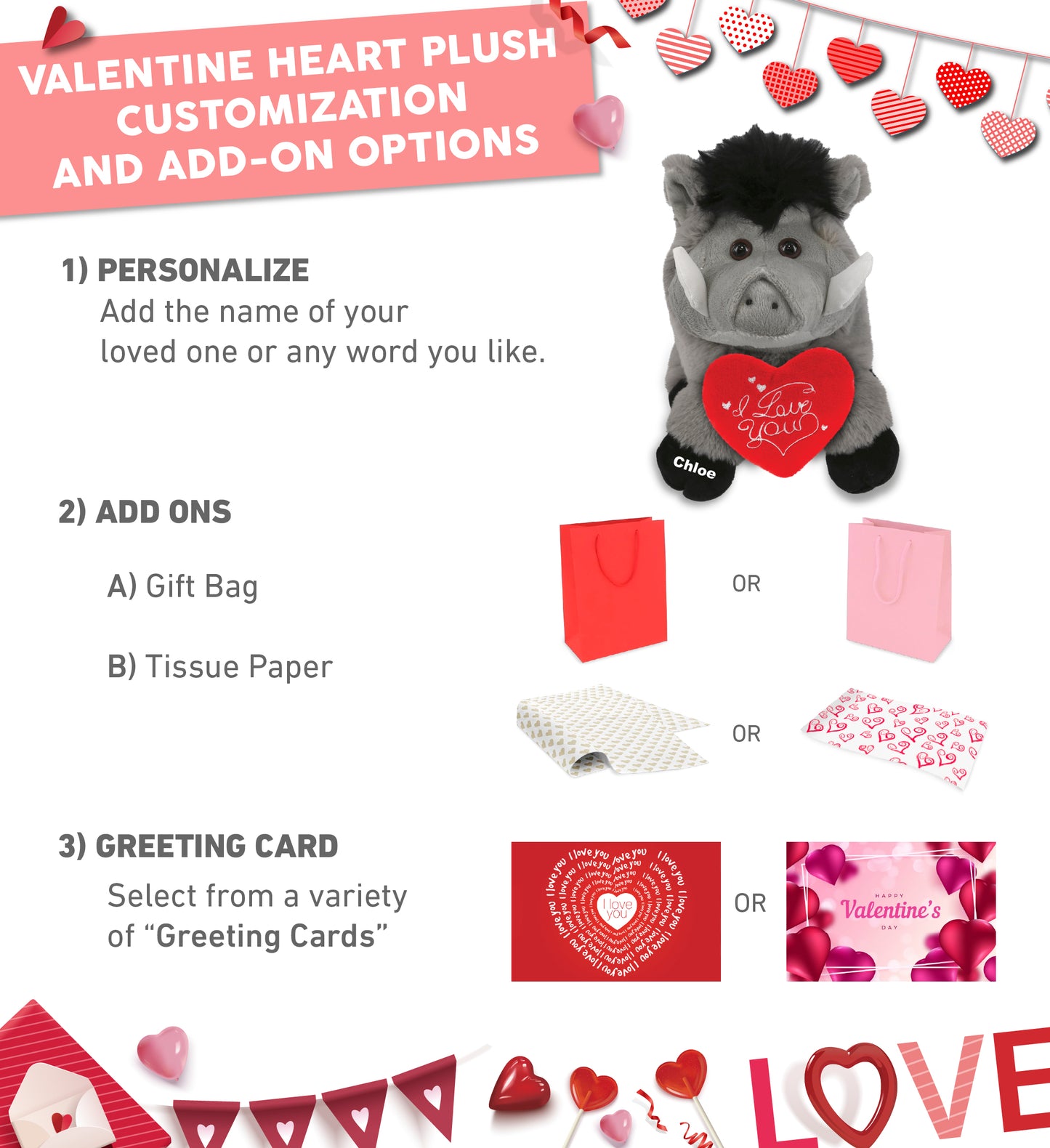 PLUSH I LOVE YOU RED HEART - SUPER-SOFT PLUSH - GREY BOAR 7.5"