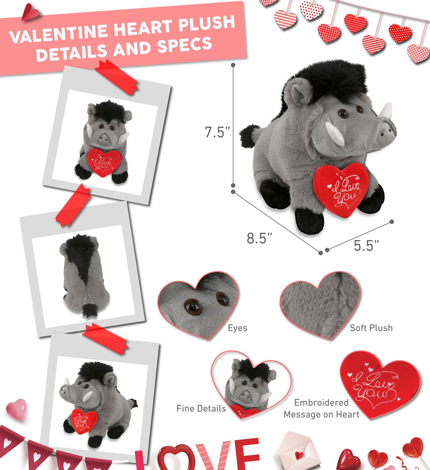 PLUSH I LOVE YOU RED HEART - SUPER-SOFT PLUSH - GREY BOAR 7.5"