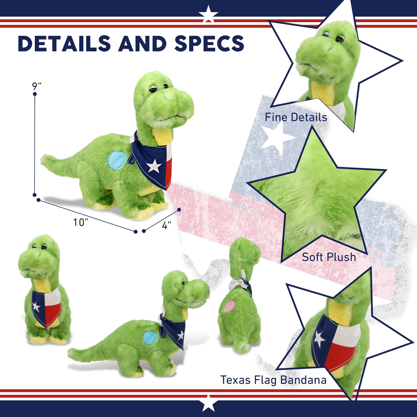 SUPER SOFT PLUSH - GREEN DINOSAUR WITH TEXAS FLAG BANDANA