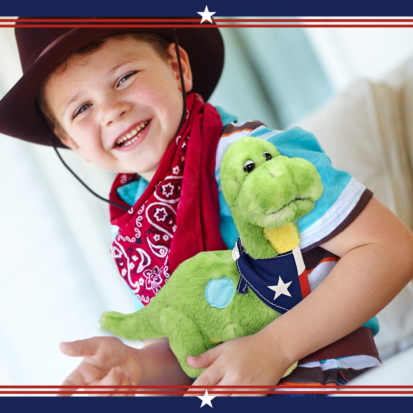 SUPER SOFT PLUSH - GREEN DINOSAUR WITH TEXAS FLAG BANDANA