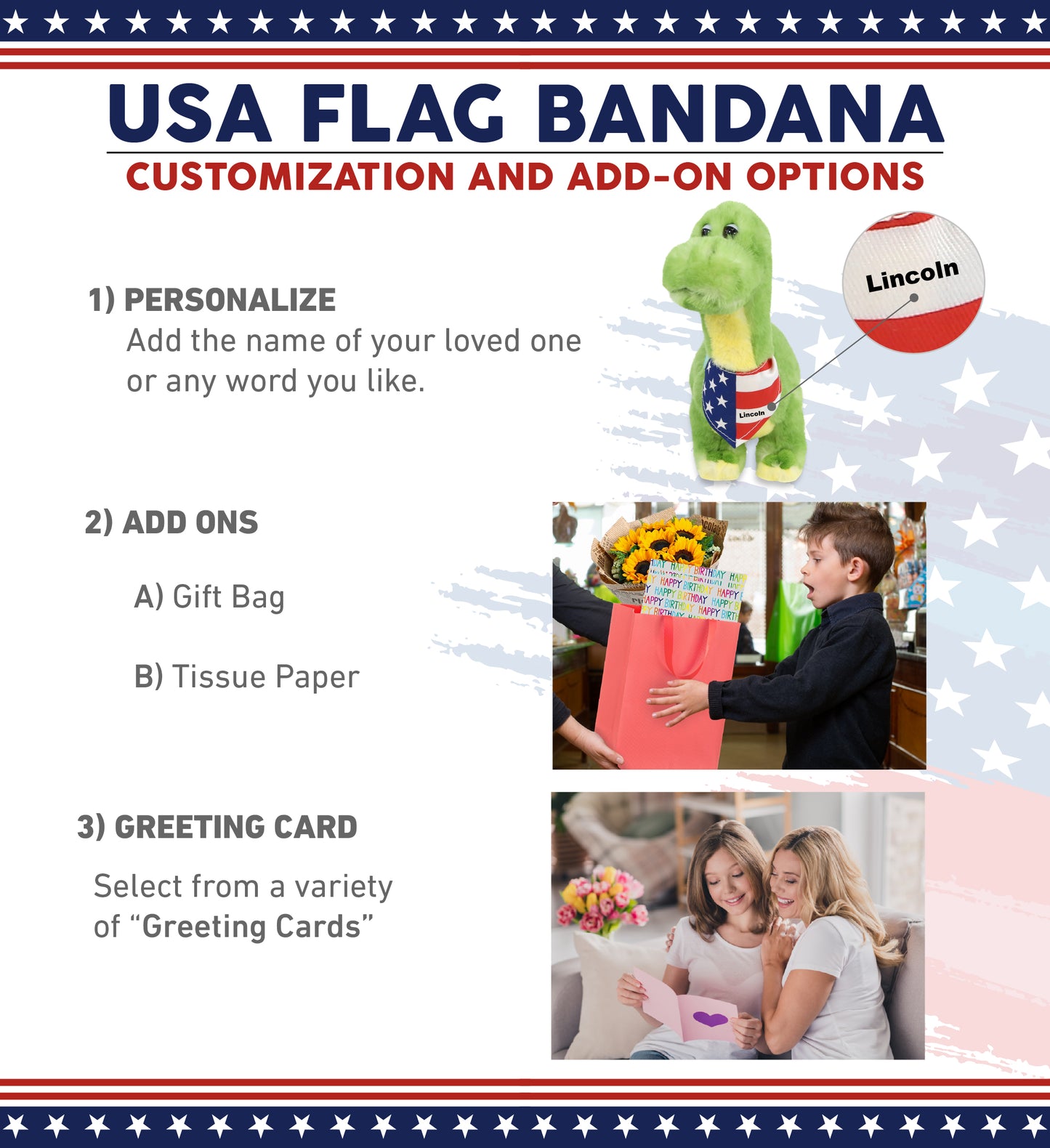 SUPER SOFT PLUSH - GREEN DINOSAUR WITH USA FLAG BANDANA