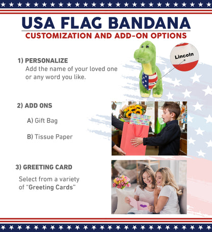 SUPER SOFT PLUSH - GREEN DINOSAUR WITH USA FLAG BANDANA
