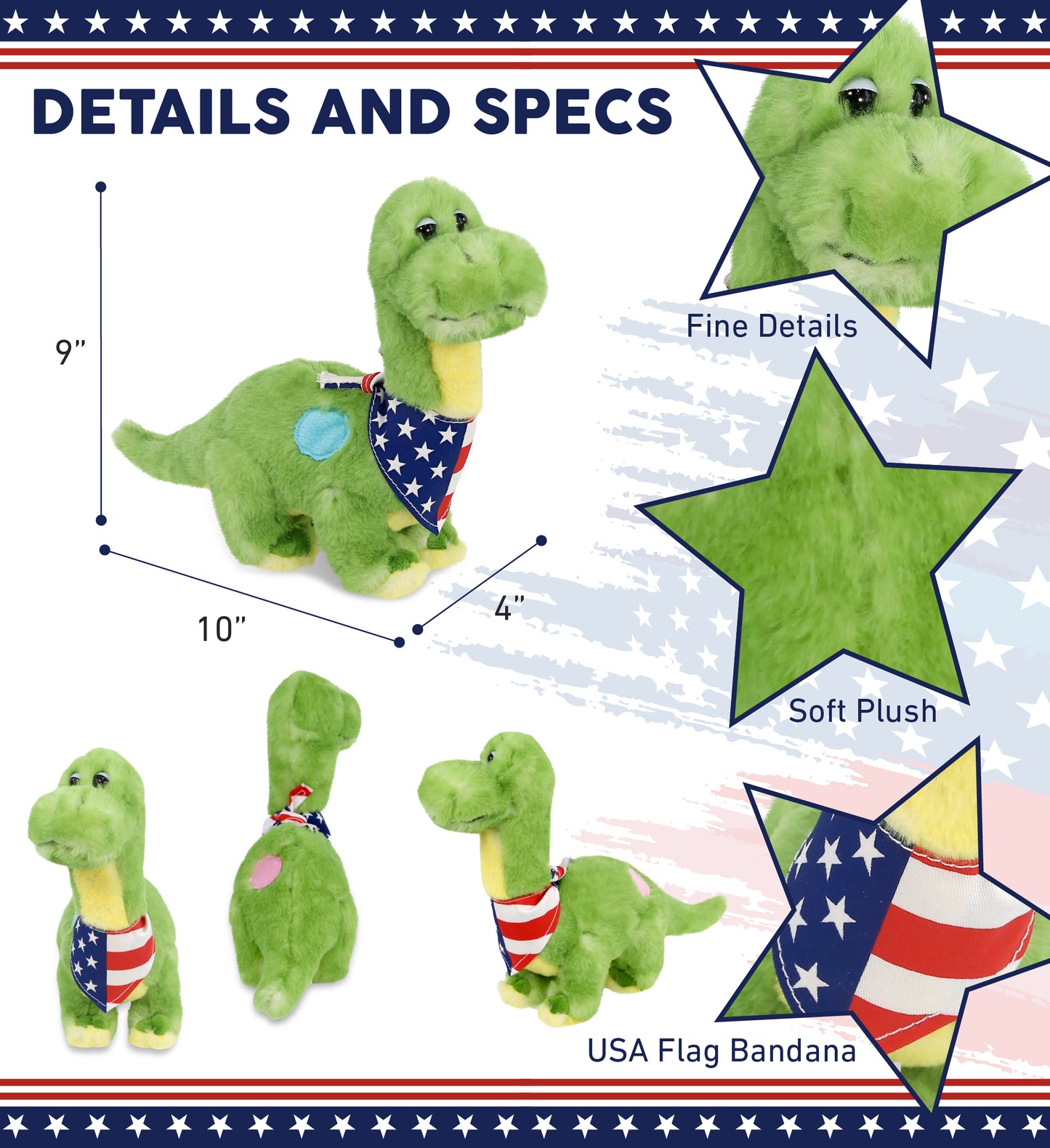 SUPER SOFT PLUSH - GREEN DINOSAUR WITH USA FLAG BANDANA
