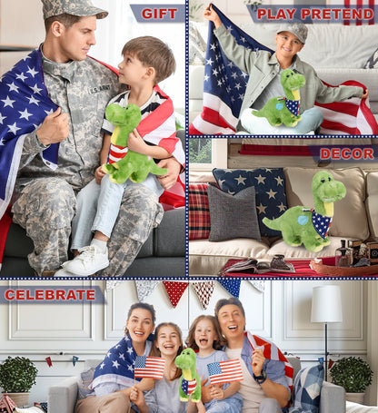 SUPER SOFT PLUSH - GREEN DINOSAUR WITH USA FLAG BANDANA
