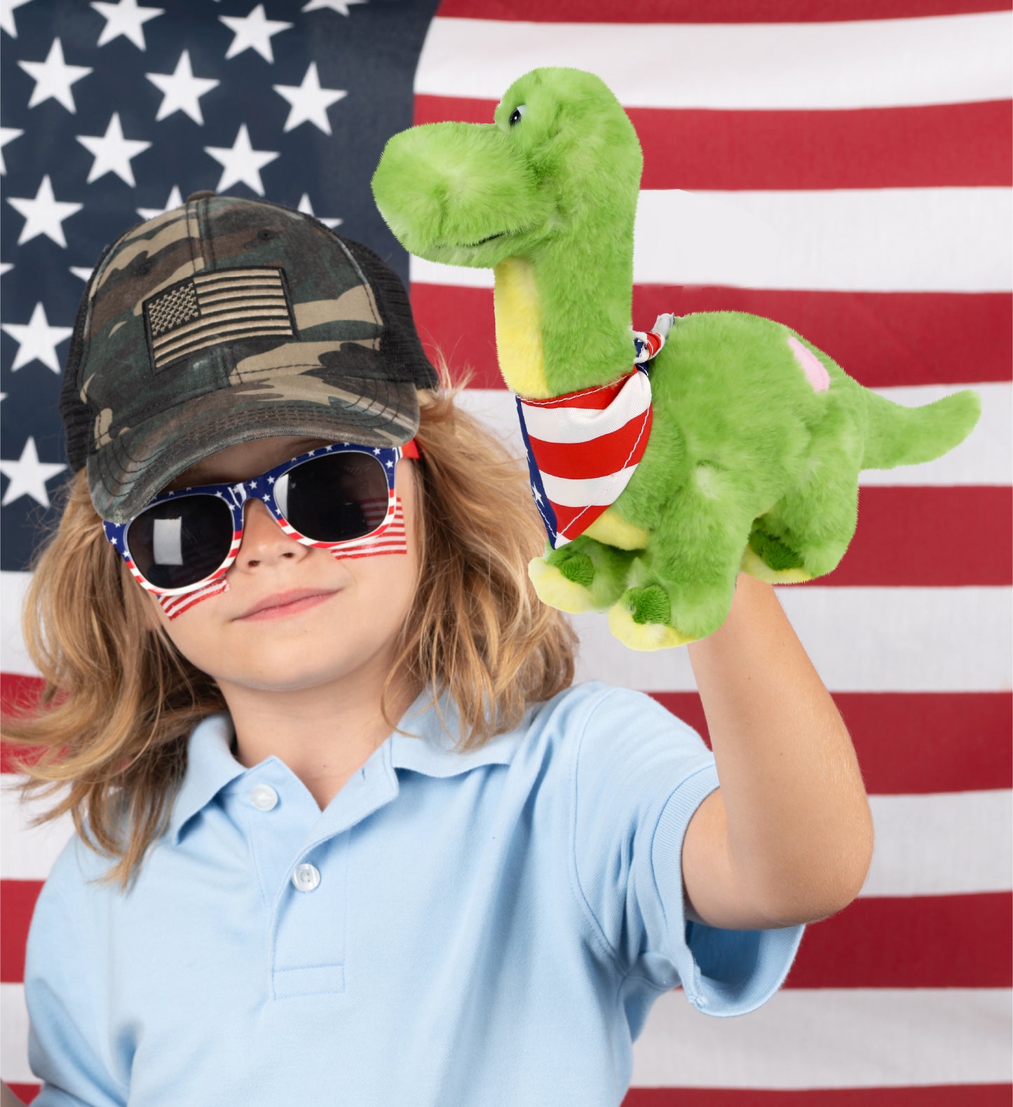 SUPER SOFT PLUSH - GREEN DINOSAUR WITH USA FLAG BANDANA