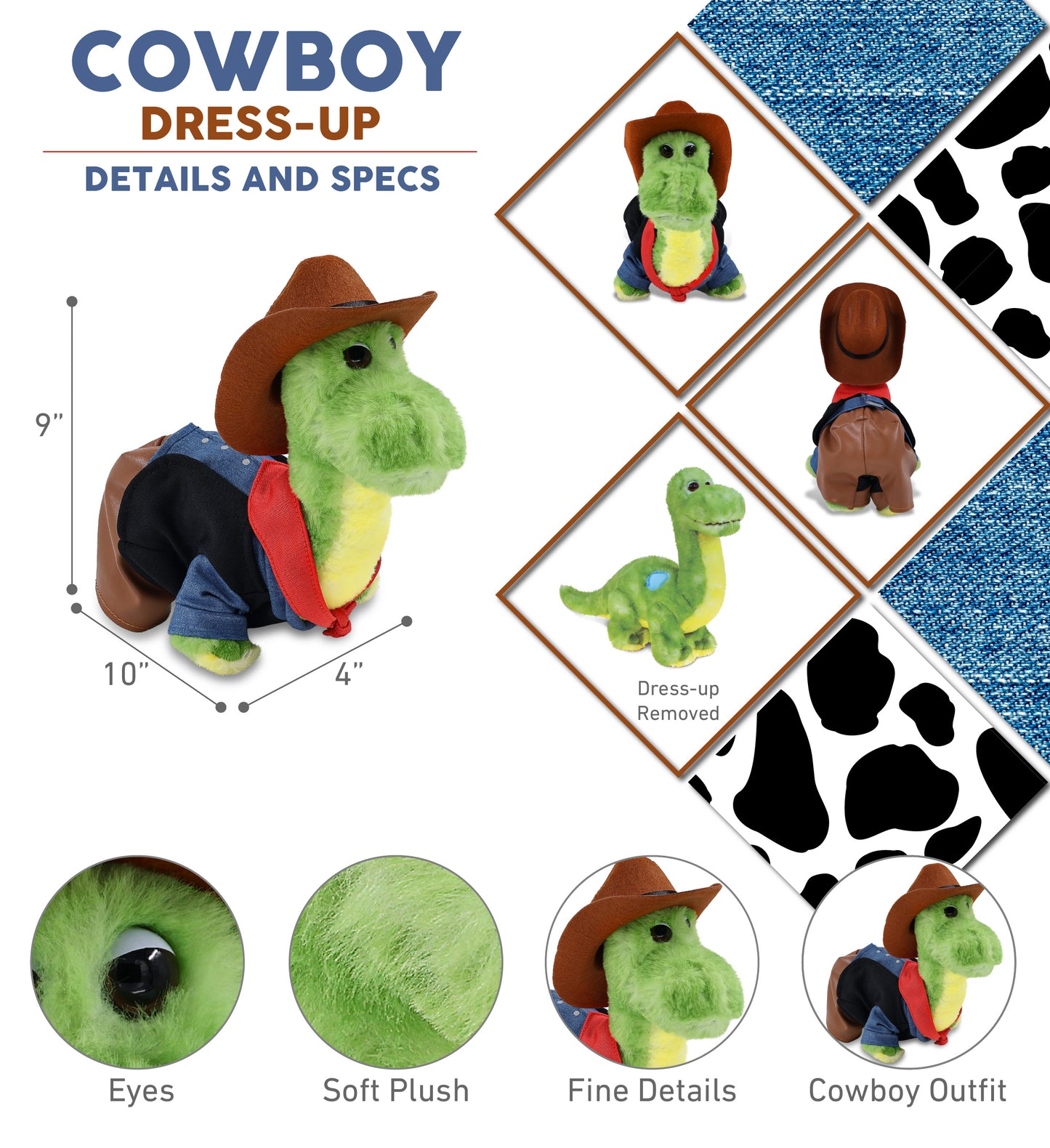 SUPER SOFT PLUSH - GREEN DINOSAUR COWBOY DRESS UP