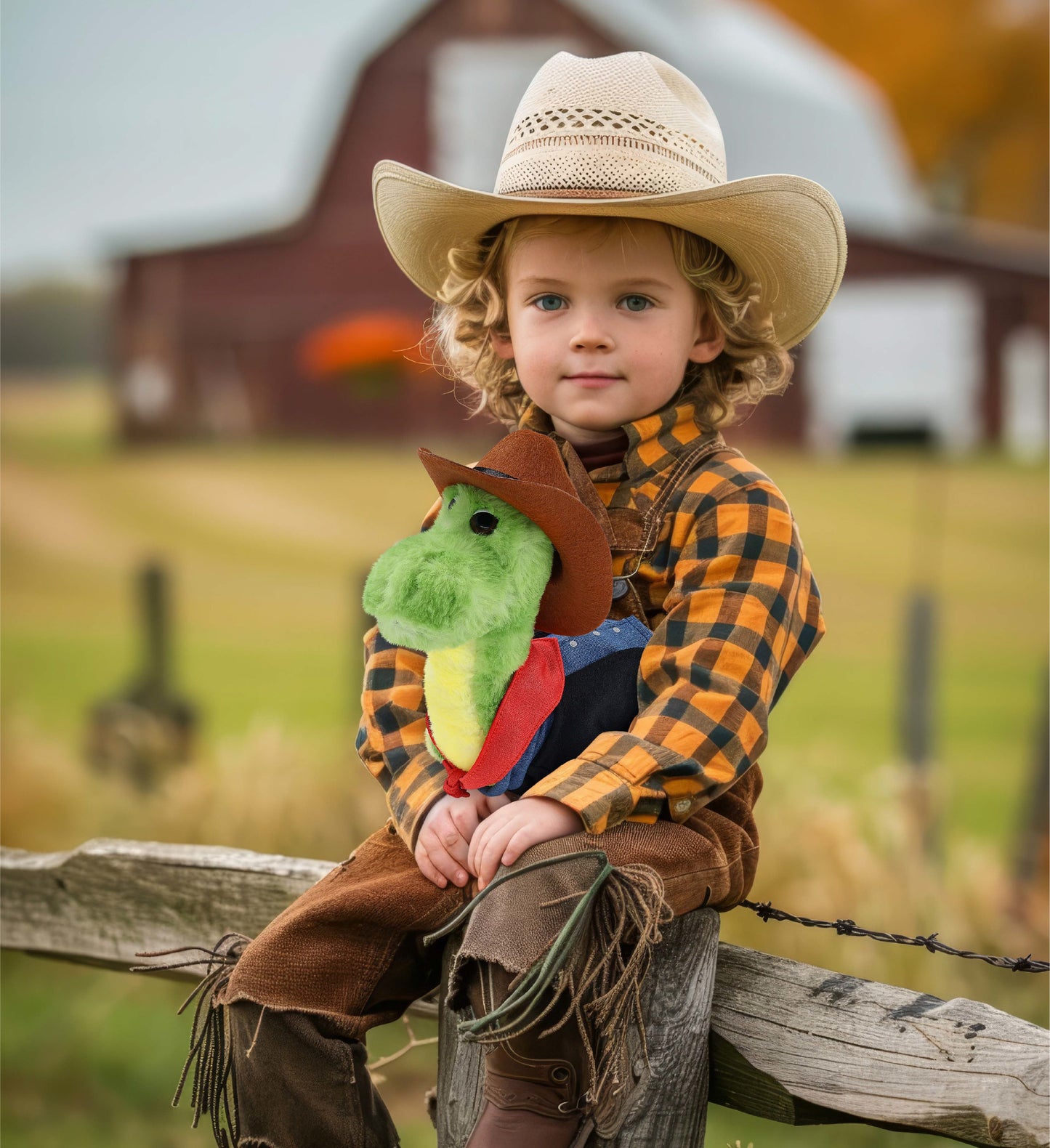 SUPER SOFT PLUSH - GREEN DINOSAUR COWBOY DRESS UP