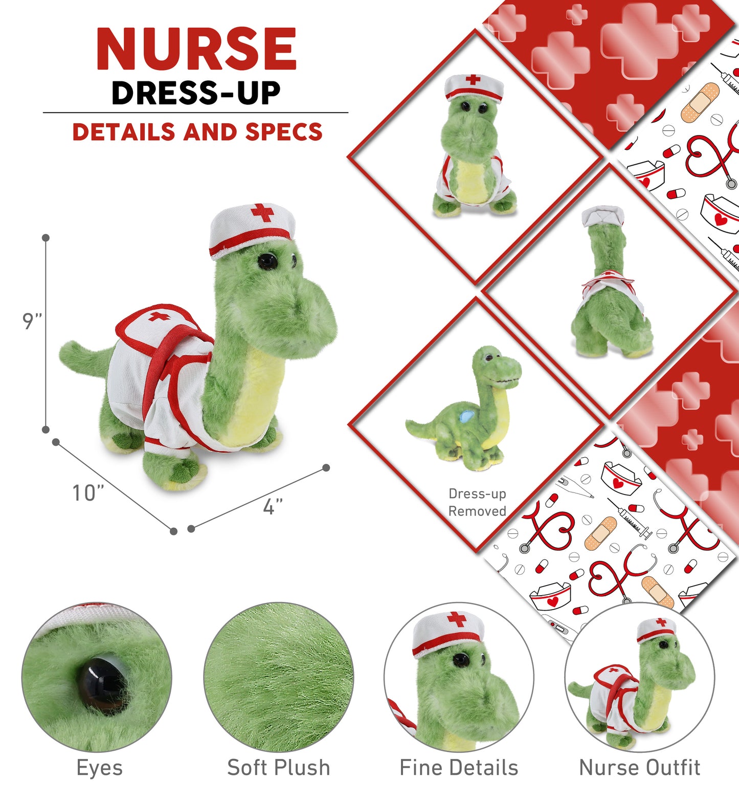 SUPER SOFT PLUSH - GREEN DINOSAUR NURSE DRESS UP