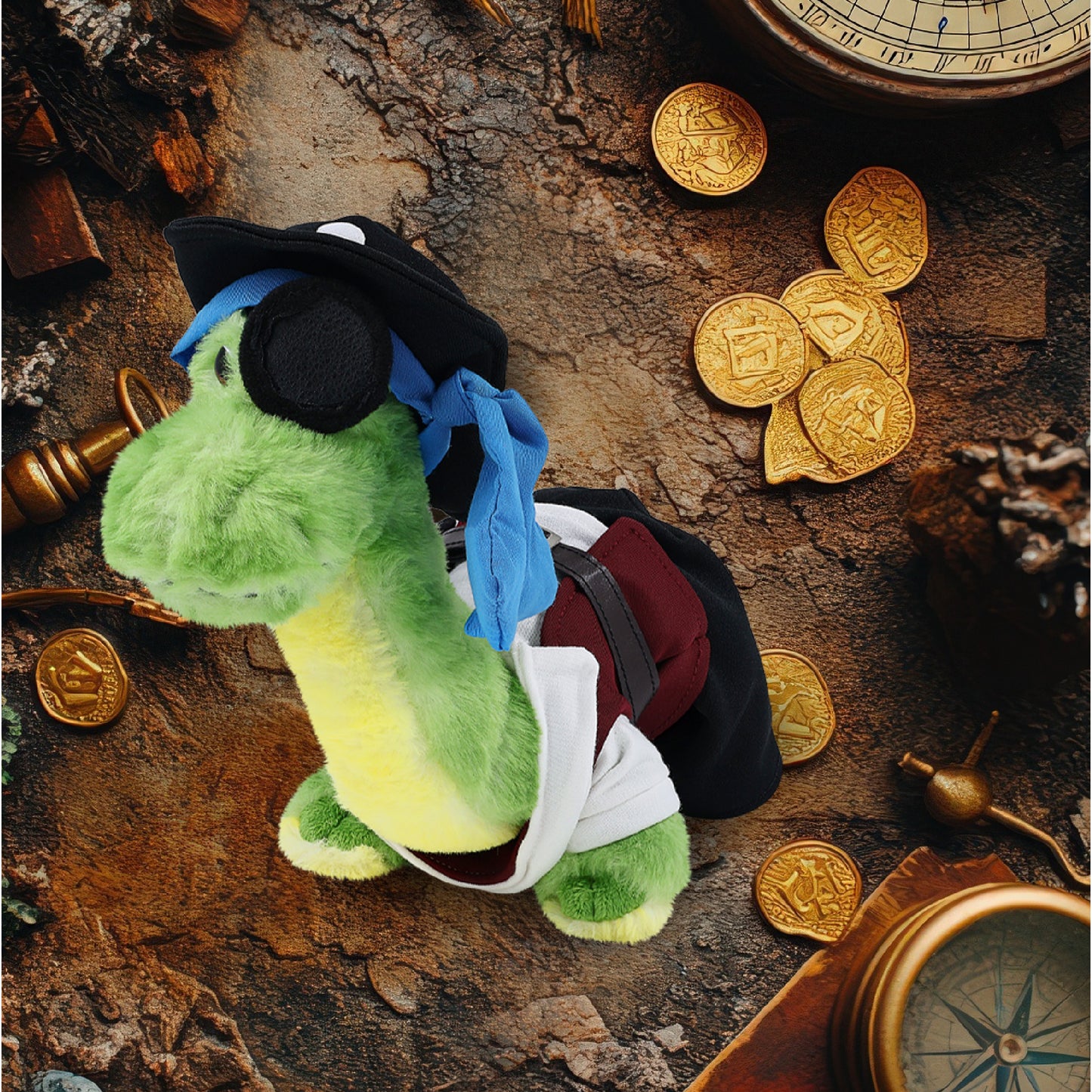 SUPER SOFT PLUSH - GREEN DINOSAUR WITH PIRATE DRESS UP