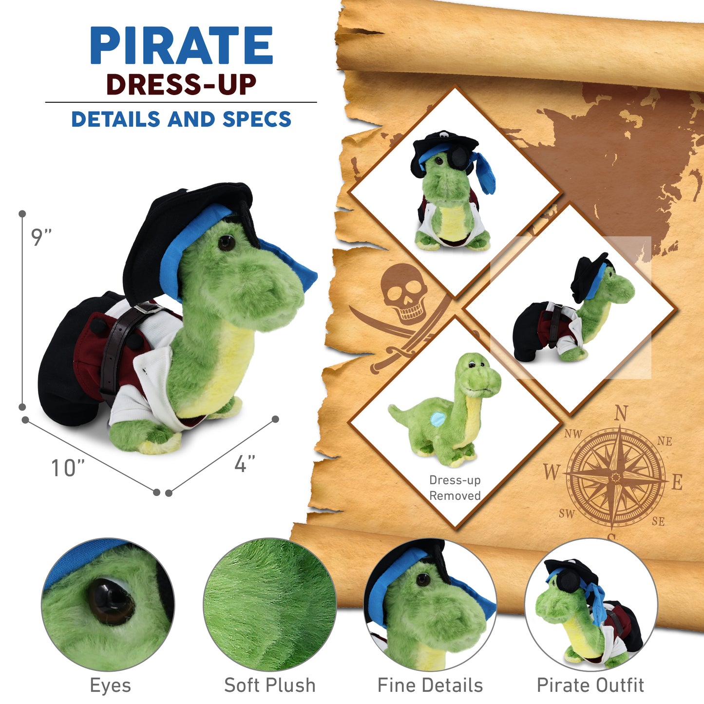 SUPER SOFT PLUSH - GREEN DINOSAUR WITH PIRATE DRESS UP