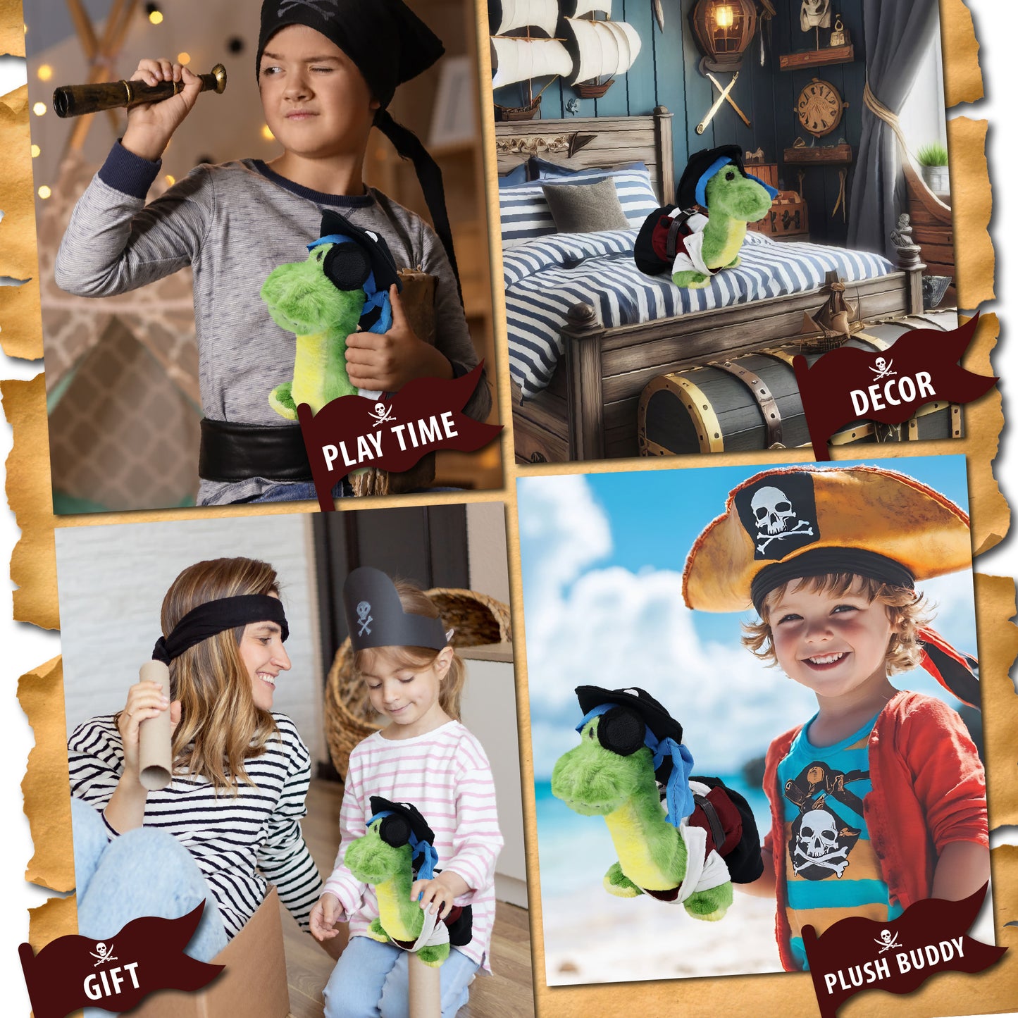 SUPER SOFT PLUSH - GREEN DINOSAUR WITH PIRATE DRESS UP
