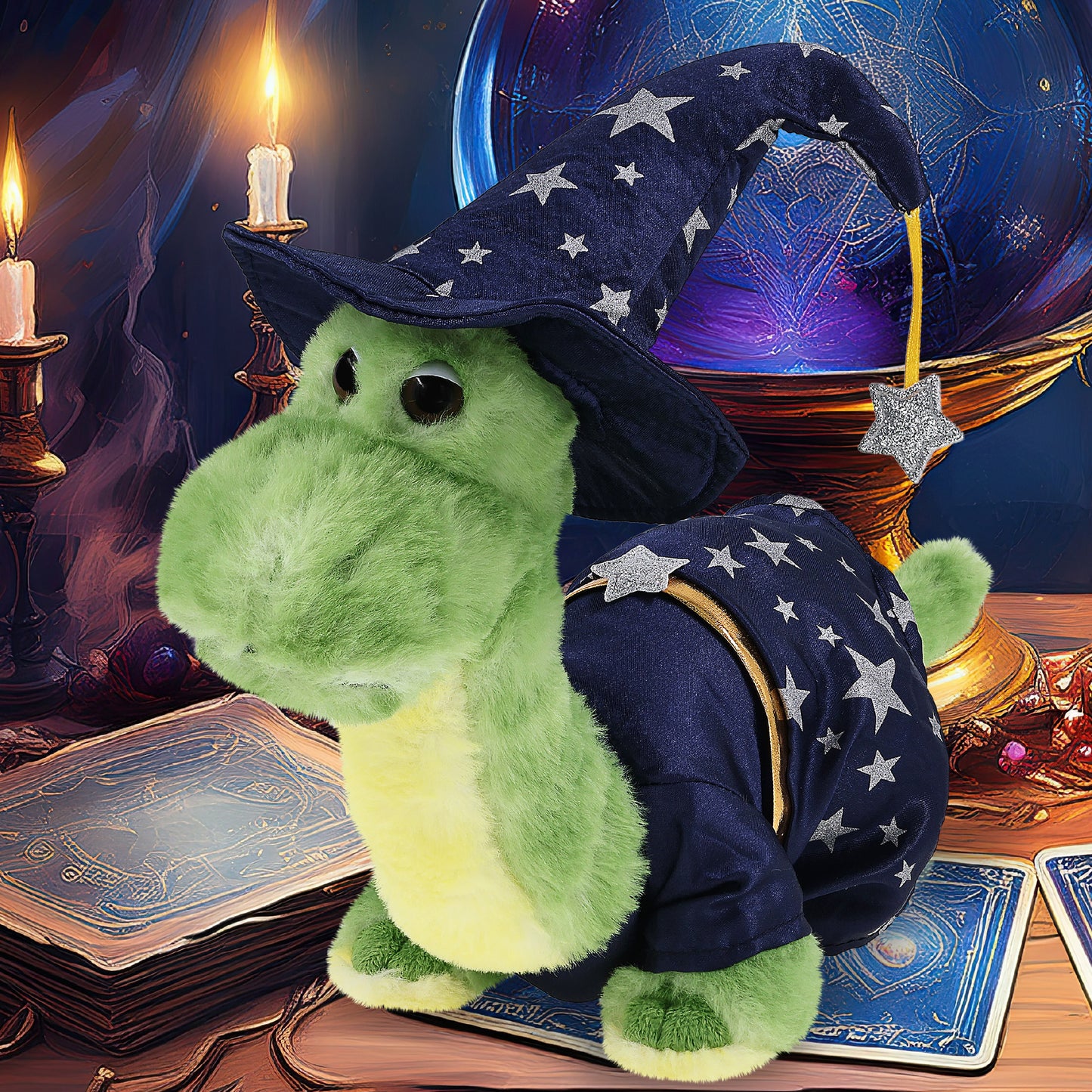 SUPER SOFT PLUSH - GREEN DINOSAUR WITH WIZARD DRESS UP