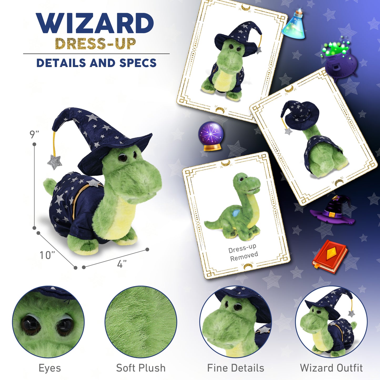 SUPER SOFT PLUSH - GREEN DINOSAUR WITH WIZARD DRESS UP