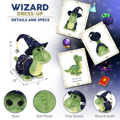 SUPER SOFT PLUSH - GREEN DINOSAUR WITH WIZARD DRESS UP