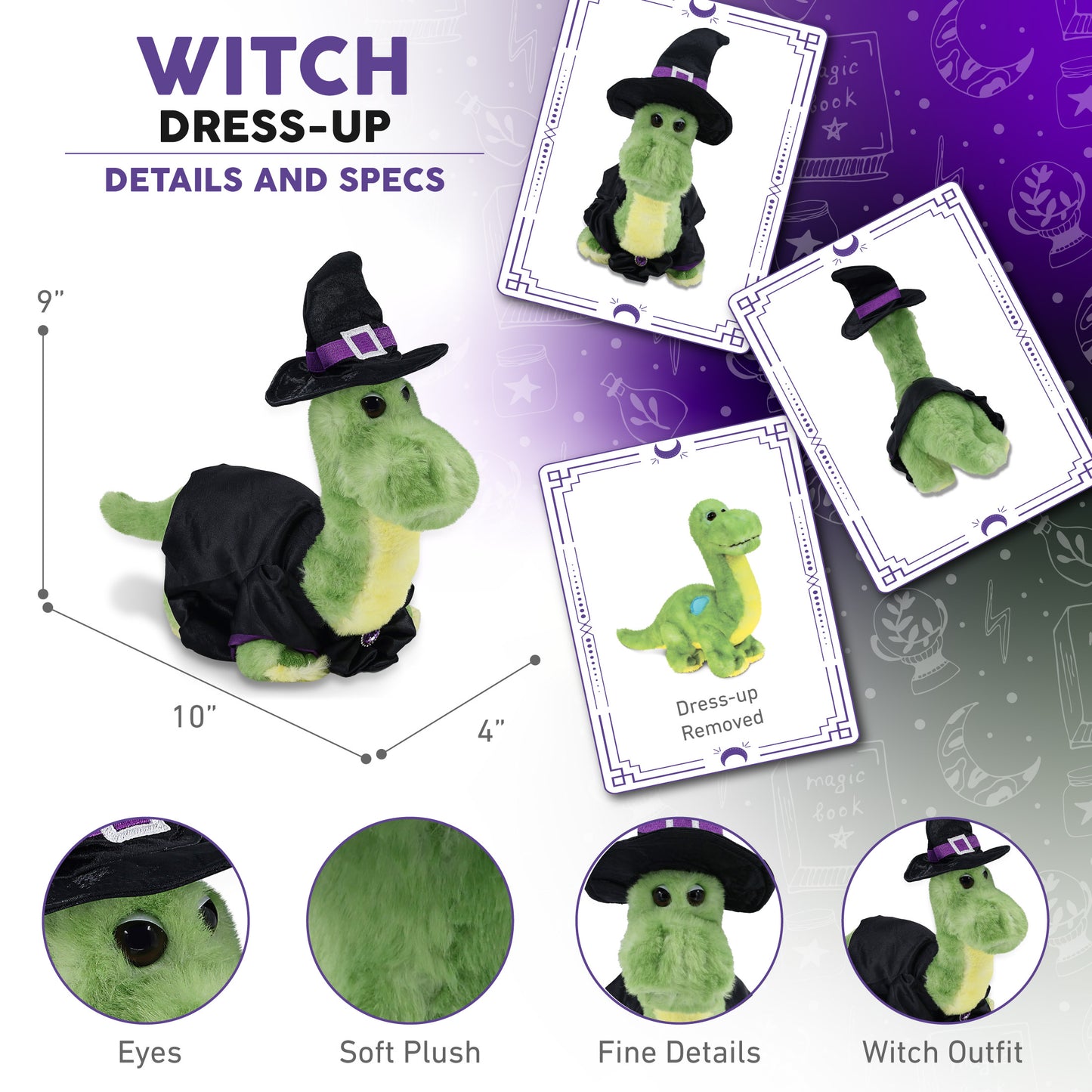 SUPER SOFT PLUSH - GREEN DINOSAUR WITH WITCH DRESS UP