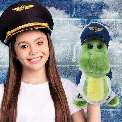 SUPER SOFT PLUSH - GREEN DINOSAUR WITH PILOT DRESS UP