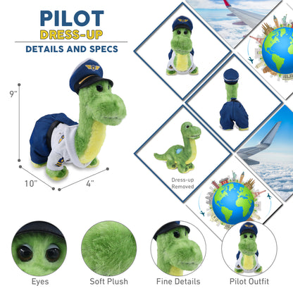 SUPER SOFT PLUSH - GREEN DINOSAUR WITH PILOT DRESS UP