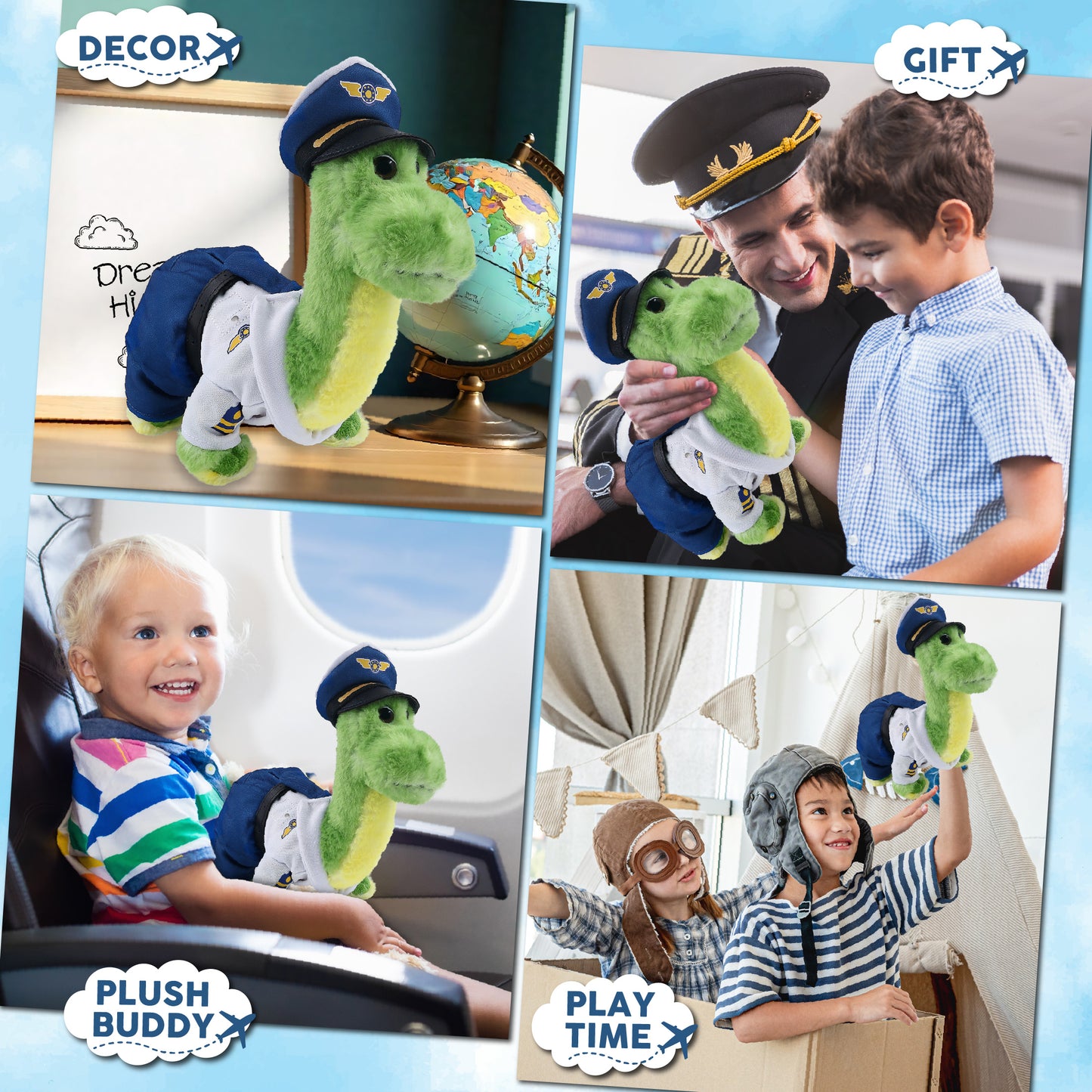SUPER SOFT PLUSH - GREEN DINOSAUR WITH PILOT DRESS UP