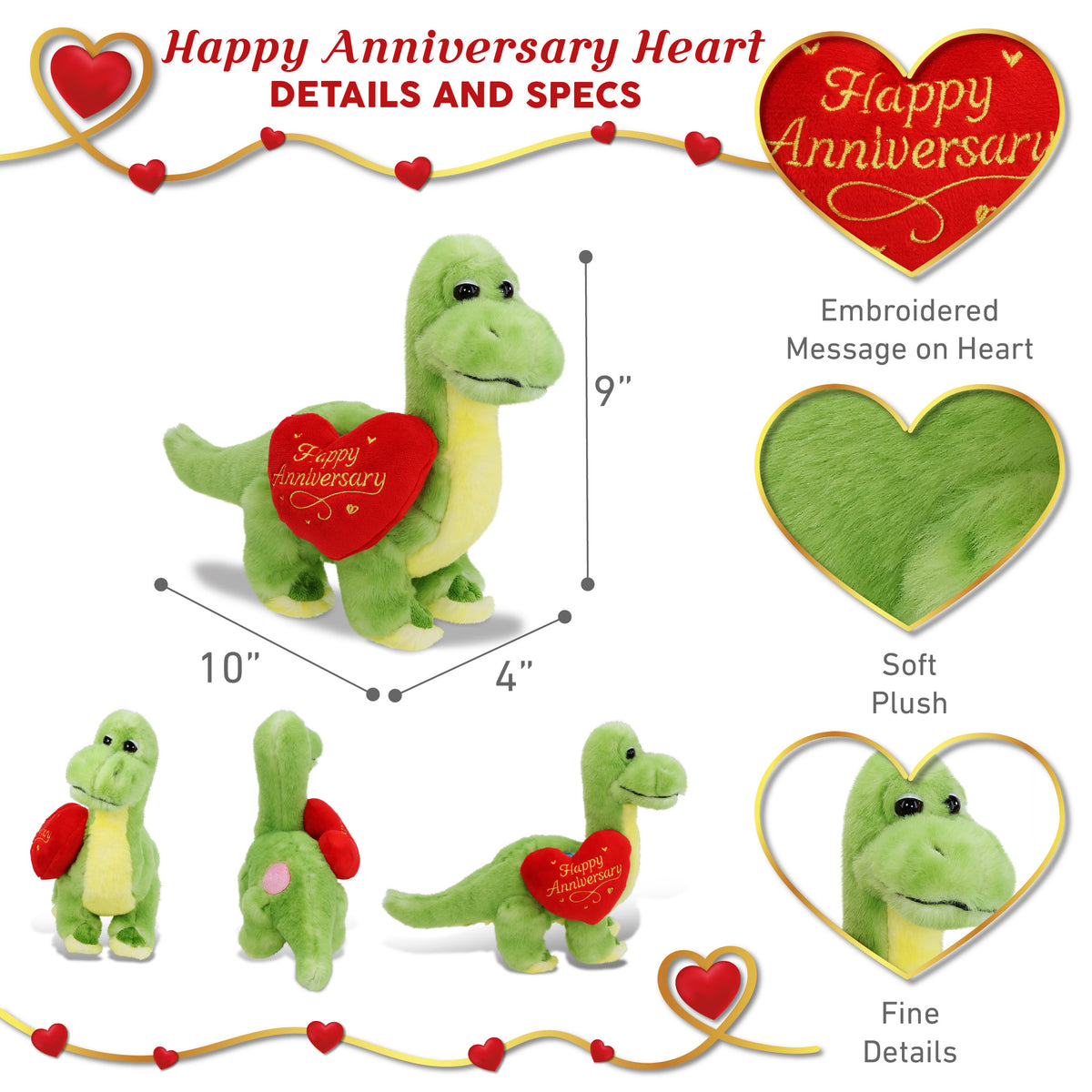 SUPER SOFT PLUSH - GREEN DINOSAUR WITH HAPPY ANNIVERSARY HEART