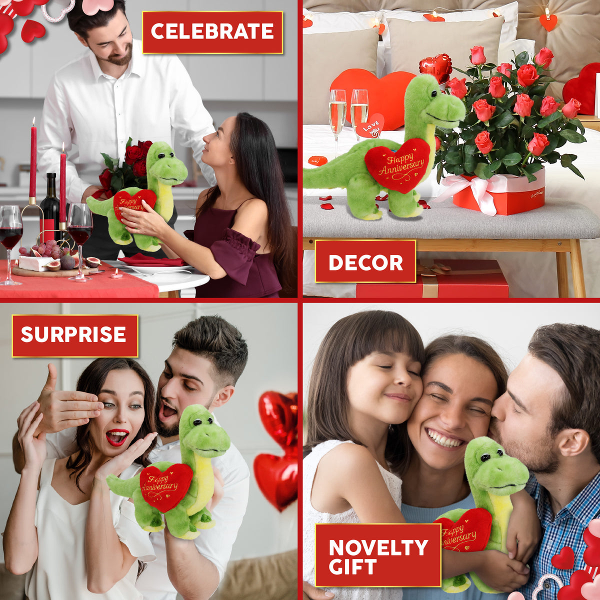 SUPER SOFT PLUSH - GREEN DINOSAUR WITH HAPPY ANNIVERSARY HEART