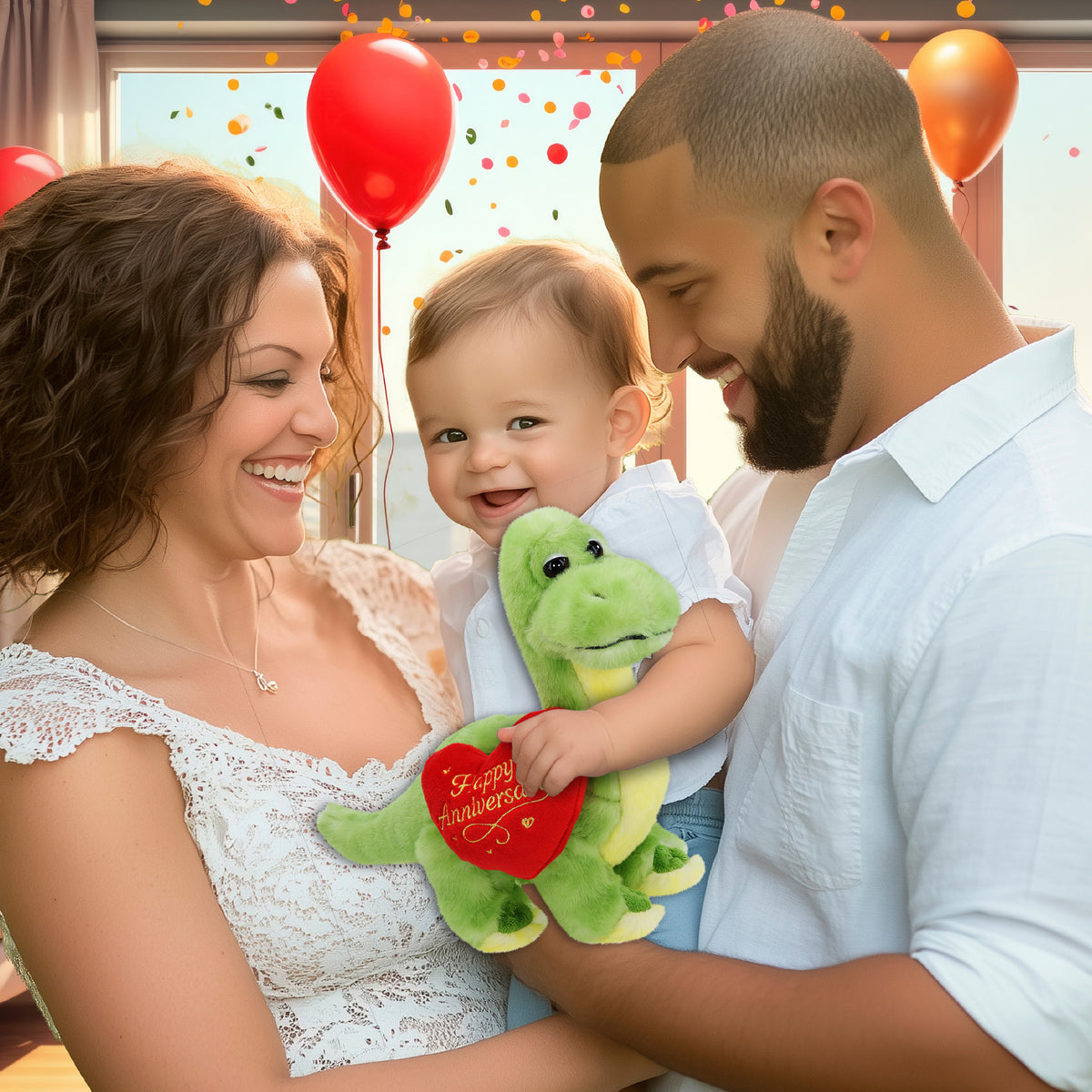 SUPER SOFT PLUSH - GREEN DINOSAUR WITH HAPPY ANNIVERSARY HEART