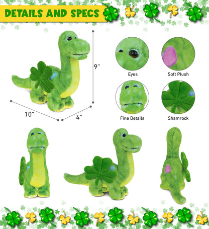 DolliBu Green Dinosaur Stuffed Animal with Green Plush Shamrock - 10 Inches
