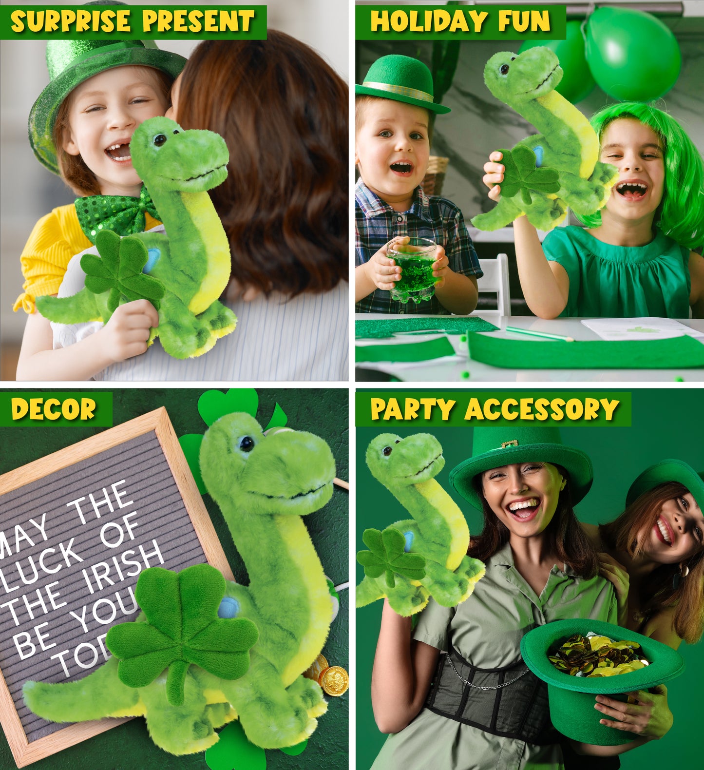 DolliBu Green Dinosaur Stuffed Animal with Green Plush Shamrock - 10 Inches
