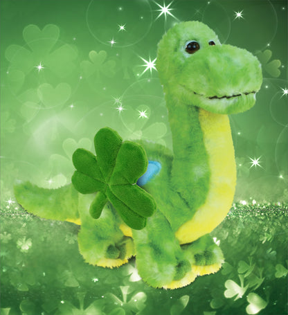 DolliBu Green Dinosaur Stuffed Animal with Green Plush Shamrock - 10 Inches