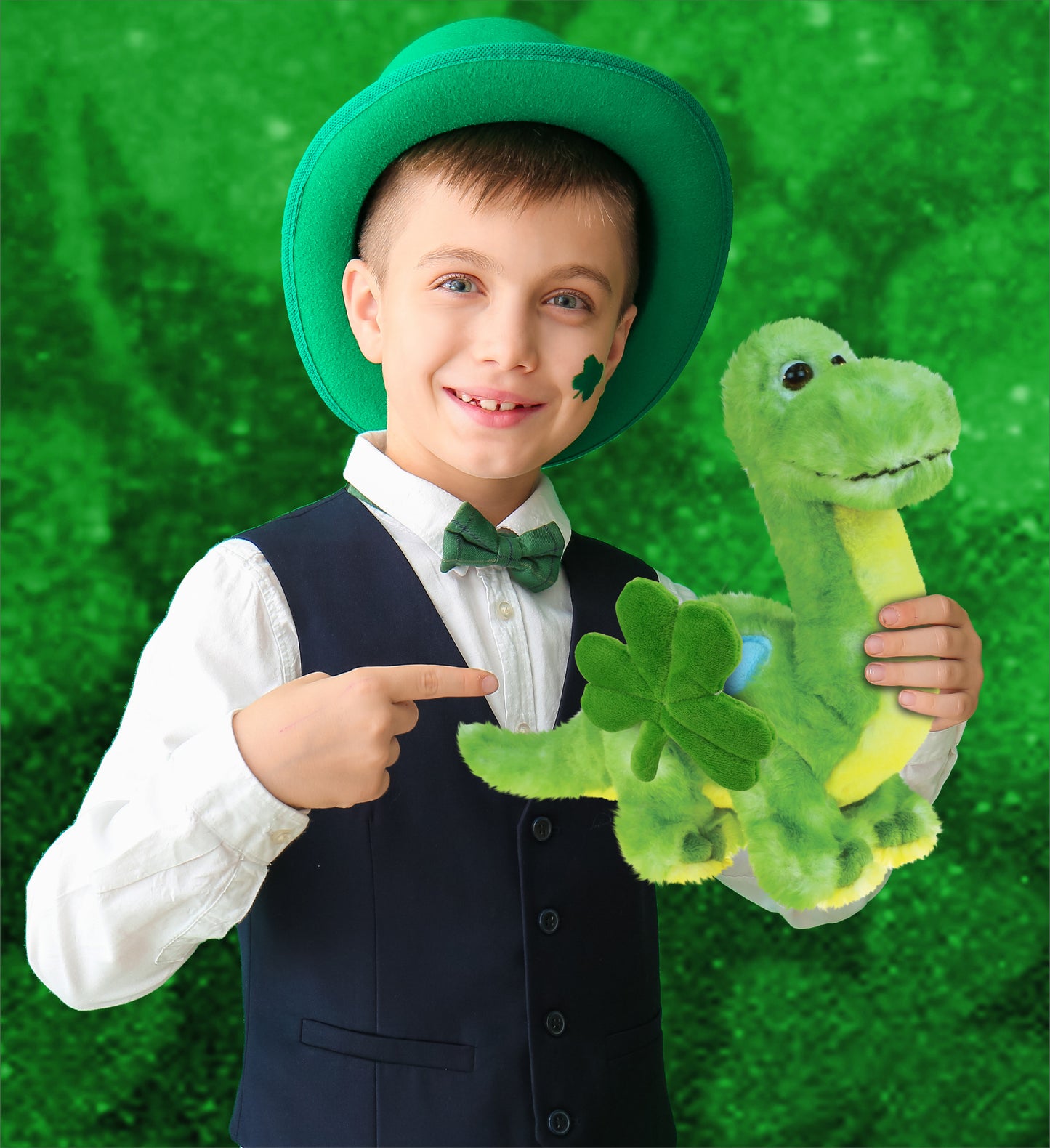 DolliBu Green Dinosaur Stuffed Animal with Green Plush Shamrock - 10 Inches