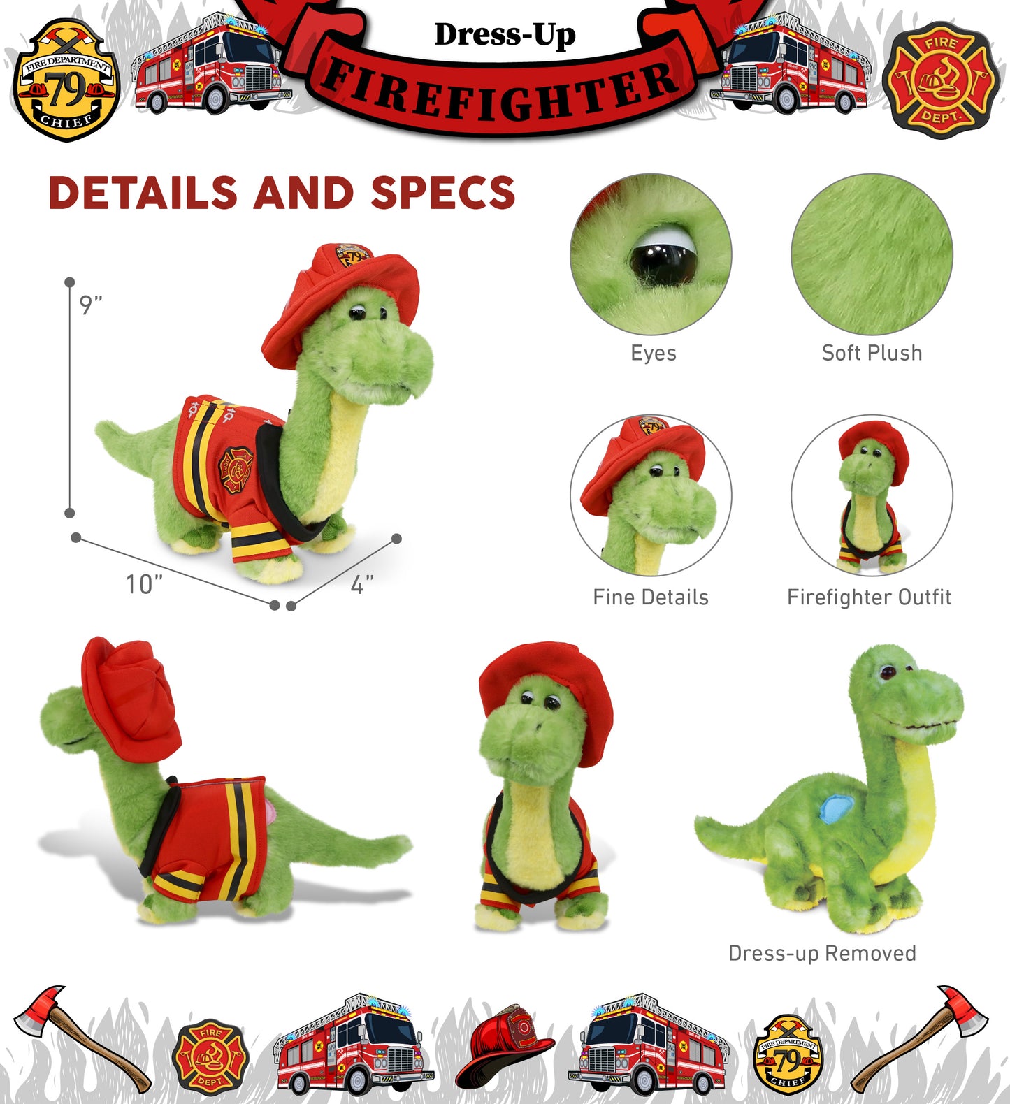 PLUSH FIREMAN - SUPER SOFT PLUSH - GREEN DINOSAUR